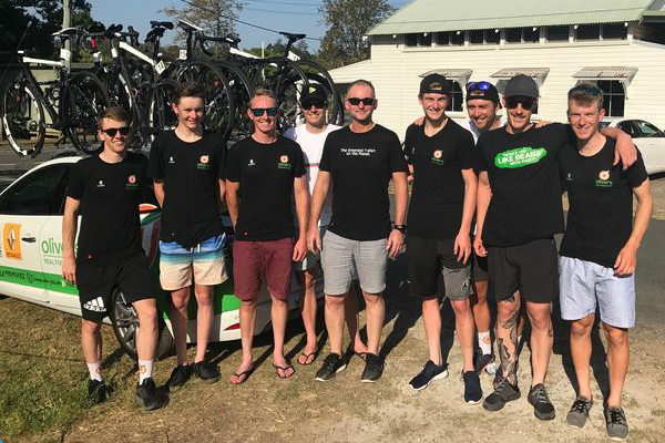 Olivers real food racing team with sponsor Graham Ros from Kusaga Athletic after their maiden win at the Subaru National Road Series 2017, titled appropriately - Battle Recharge