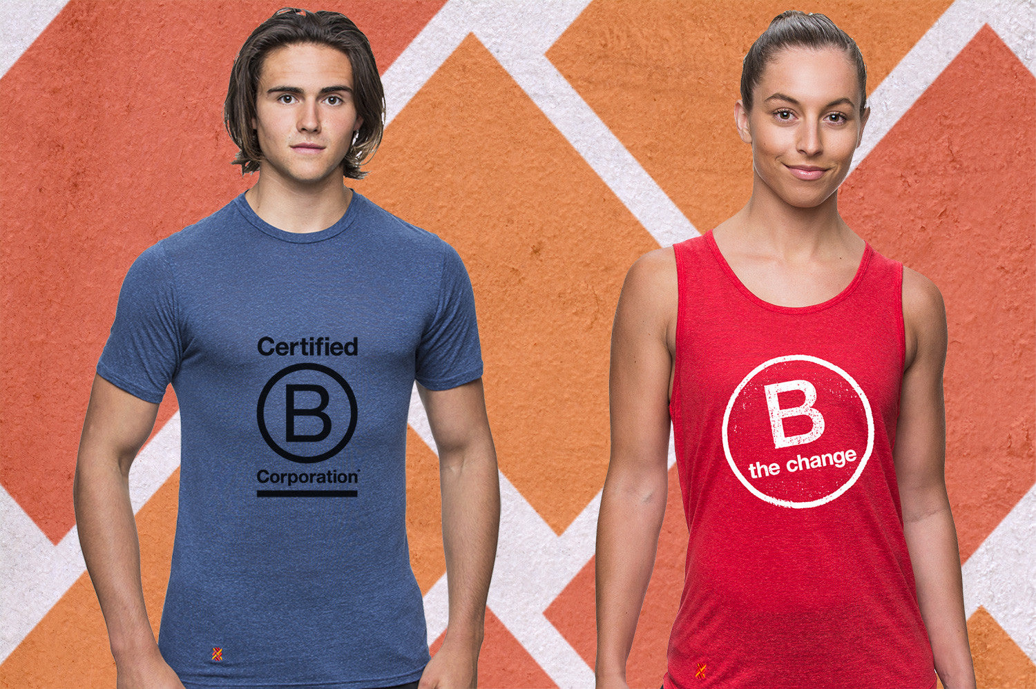 Two athletes, Male wearing a blue t-shirt with B Corporation logo on it and Female wearing a red singlet with a B Corporation logo.