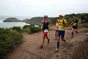 Ultra runner and Kusaga Athletic athlete wearing the EDODRY® racerback with three other runners during the Two Bays Trail Run, on the Mornington Peninsula.