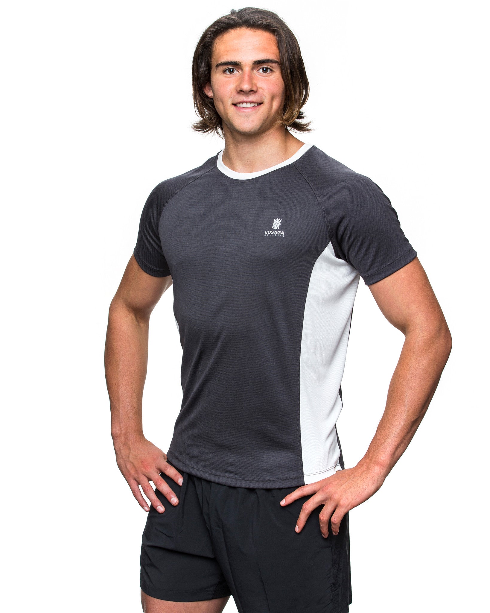 Men's ECODRY® Panel Run Tee in grey, flame and white by Kusaga Athletic 