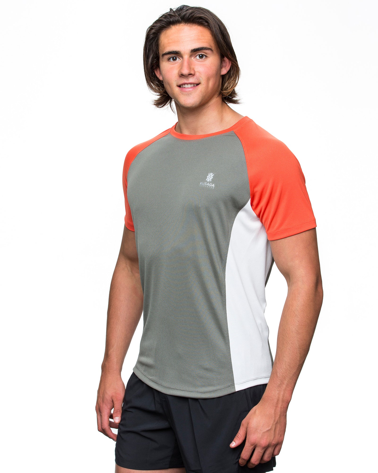 Men's ECODRY® Panel Run Tee in grey, flame and white by Kusaga Athletic 